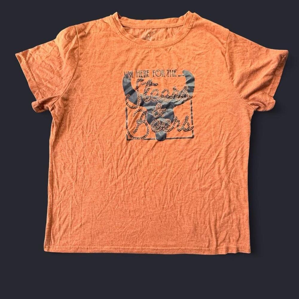 Orange graphic tee with here